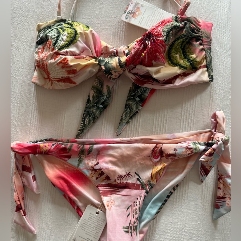 Agua Bendita Mila Luau Floral Bikini Set. Bandeau bikini top and side tie bottom